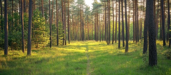 Poster - Sunlit forest path through tall trees with green grass in foreground and dappled light creating a tranquil outdoor scene Copy Space