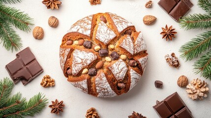 Poster - Festive round loaf decorated with nuts and chocolate pieces surrounded by pine branches and assorted nuts on a light background with Copy Space