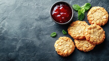 Poster - Oatmeal cookies with jam and mint leaves on a dark stone background with copy space for text