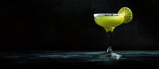 Poster - Margarita cocktail with lemon slice served in a glass on dark background with copy space