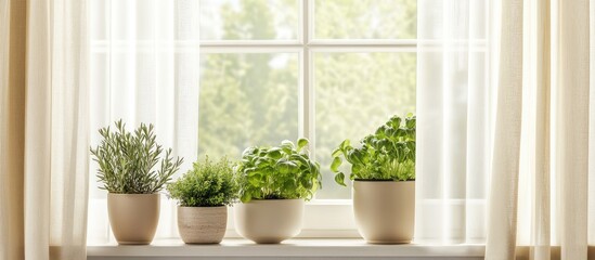 Fototapete - Indoor window with potted herbs on a sill sunlight filtering through sheer curtains Copy Space