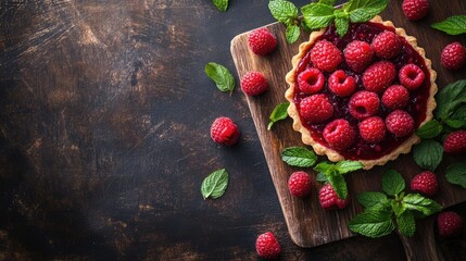 Poster - Raspberry tart on wooden board with fresh mint leaves and scattered raspberries on dark textured background Copy Space
