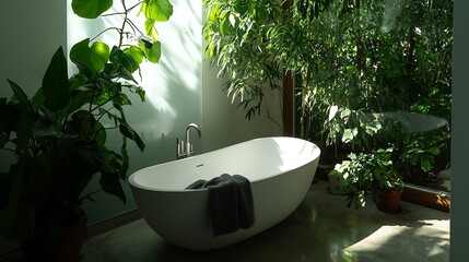 Sticker - Serene bathroom with a freestanding tub surrounded by lush greenery and natural light