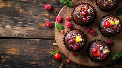 Poster - Chocolate cupcakes with colorful toppings and fresh berries on a wooden serving board with Copy Space for text.