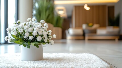 Aufkleber - Modern interior with white flower arrangement on rug in soft focus foreground and cozy seating area in background Copy Space