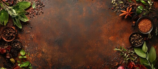 Poster - Dark textured background with various herbs and spices in small bowls along the edges creating a natural frame with copy space.