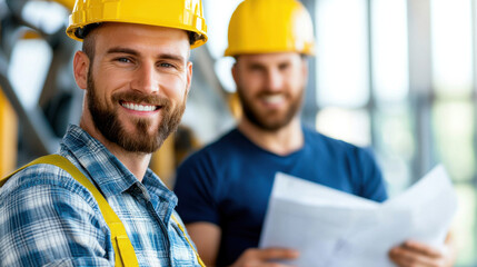 Poster - Engineers smiling while analyzing blueprints in construction site. Their teamwork and focus reflect positive work environment