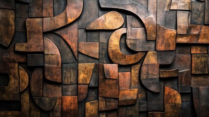 Poster - Wooden wall art with intricate geometric patterns and rich brown tones textured for depth and warmth Copy Space available