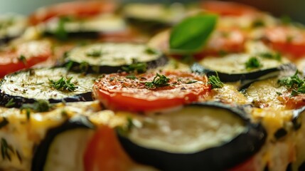 Poster - Baked vegetable dish featuring layers of sliced tomatoes and zucchini garnished with herbs and basil on top with Copy Space