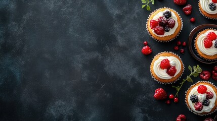 Poster - Decorative cupcakes with raspberries and blackberries on dark background with copy space for text