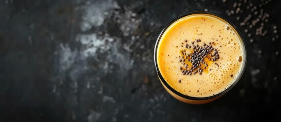 Poster - Glass of frothy beer topped with dark seeds on a textured dark background with Copy Space for text