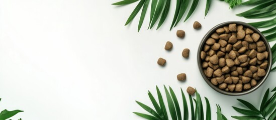 Poster - Bowl of pet food surrounded by green palm leaves on a white background with Copy Space for text placement