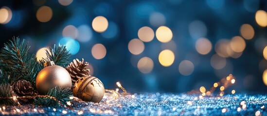 Aufkleber - Christmas decorations with golden baubles pine cones and shimmering lights on a blue background with copy space for text