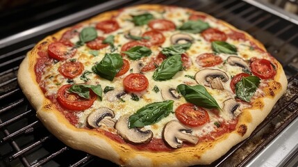 Aufkleber - Freshly baked pizza topped with mozzarella cheese, tomatoes, mushrooms, and basil on a cooling rack with Copy Space