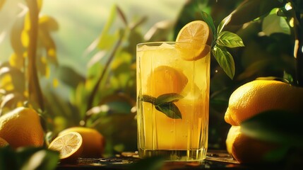 Poster - Refreshing lemonade in a glass with lemon slices garnished with mint leaves surrounded by fresh lemons and greenery Copy Space