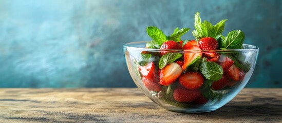 Aufkleber - Fresh strawberries and mint leaves in a glass bowl on a wooden table with blurred textured background and ample Copy Space for text.