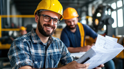 Poster - Engineers discussing project plans at construction site, wearing safety helmets and glasses, showcasing teamwork and professionalism