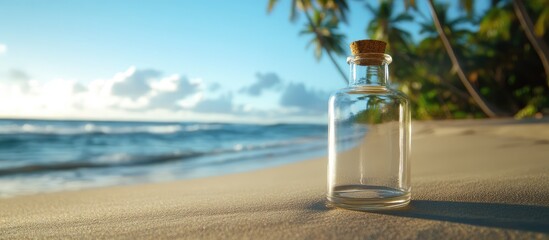Poster - Empty glass bottle on sandy beach with palm trees and ocean in background under blue sky Copy Space