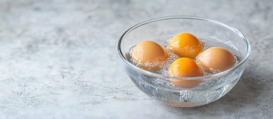 Aufkleber - Fresh eggs with bright yellow yolks submerged in clear water in a glass bowl on a light textured background Copy Space