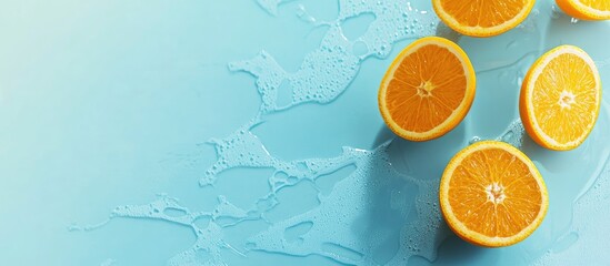 Poster - Fresh orange slices on a blue background with water droplets and copy space for text