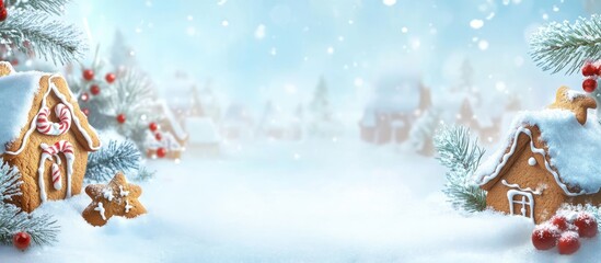Poster - Winter landscape with snow-covered gingerbread houses and pine trees, blurred background with bokeh effect and copy space for text