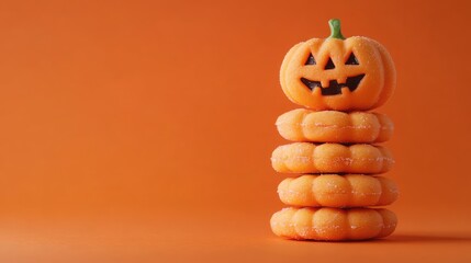 Poster - Stack of pumpkin-themed donuts with a carved jack-o-lantern on top against an orange background with Copy Space.