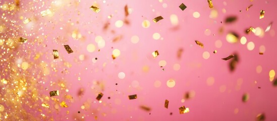 Poster - Pink Background with Gold Glitter and Bokeh Lights Abstract Design Featuring Copy Space for Text