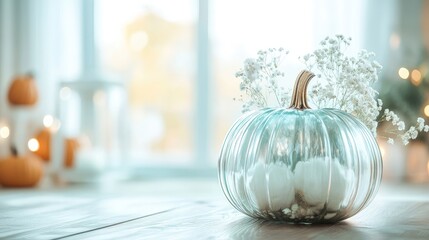 Aufkleber - Glass pumpkin vase with autumn flowers and cotton displayed on wooden table in cozy indoor setting with blurred background and soft light. Copy Space