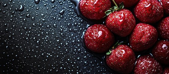 Poster - Fresh strawberries with water droplets on a dark surface Copy Space