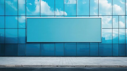 Poster - Blank billboard on modern glass building exterior with clear blue sky and clouds reflection Copy Space