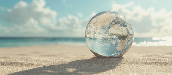 Aufkleber - Glass globe on sandy beach with ocean waves and clouds in background, natural light, Copy Space