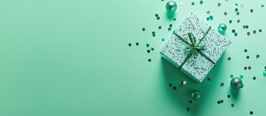 Poster - Gift box with green ribbon on mint green background with decorative elements and copy space for text.