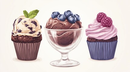 Poster - Colorful assortment of ice cream and cupcakes with blueberries and raspberries on a light background Copy Space