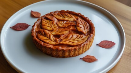 Aufkleber - Pumpkin pie with decorative leaf design on a white plate surrounded by autumn leaves Copy Space