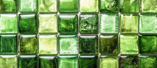 Aufkleber - Green glass mosaic tiles with varying shades of green glossy finish arranged in a grid pattern Copy Space