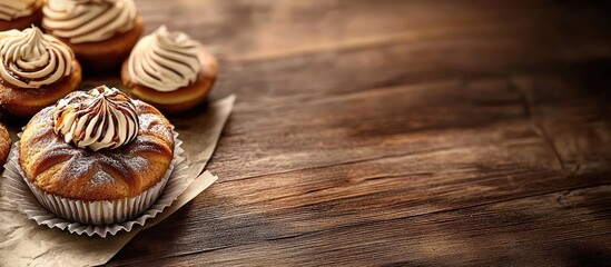 Poster - Delicious gourmet cupcakes with creamy frosting arranged on rustic wooden background with Copy Space for text placement