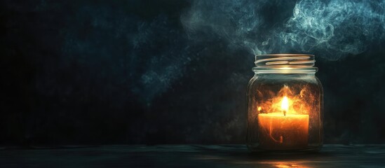 Poster - Candle in a jar with smoke on dark background Copy Space