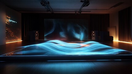 Poster - Abstract futuristic stage with wave-like display and digital screen, minimalist design