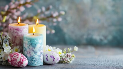Poster - Colorful decorative candles with Easter eggs and flowers on a wooden table with copy space for text in the background.