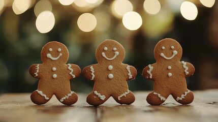 Poster - Gingerbread cookies with icing decorations arranged in a row on a rustic wooden table with blurred festive lights background Copy Space