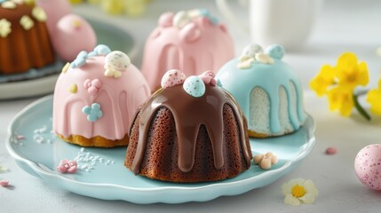 Poster - Colorful mini bundt cakes with pastel frosting and decorative candies on a light blue plate with floral accents and a softly blurred background Copy Space