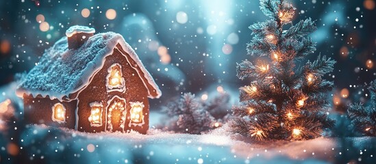 Poster - Christmas gingerbread house with glowing windows surrounded by snow and a decorated tree, winter holiday scene with bokeh lights, Copy Space