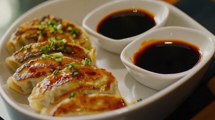 Poster - Pan-fried dumplings served with soy sauce in a white dish on a wooden table with green onions garnish and Copy Space
