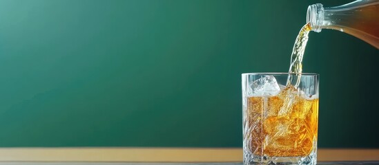 Poster - Pouring beverage into a glass filled with ice cubes with green background and copy space for text