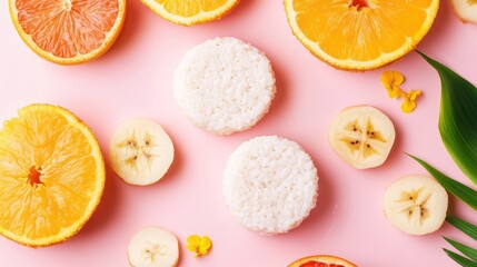 Poster - Colorful flat lay of citrus fruits and fresh bananas with rice cakes on a pink background Copy Space