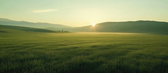 Aufkleber - Sunrise over a vast green field with hills under a clear sky and gentle mist in the early morning light Copy Space