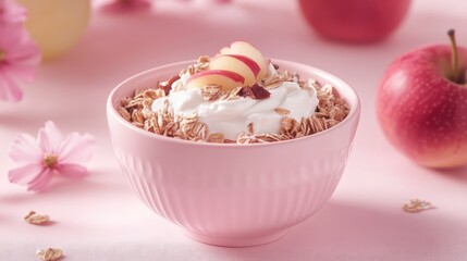 Aufkleber - Healthy breakfast bowl with yogurt, granola, and apple slices on pink background with flowers and apples providing Copy Space