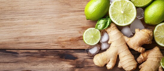 Aufkleber - Fresh ginger root and lime slices on wooden surface with ice and copy space for text