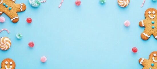 Poster - Gingerbread cookies candy and sweets on a blue background with Copy Space for holiday or festive themes
