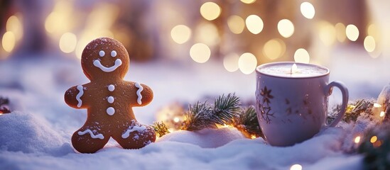 Poster - Gingerbread cookie decoration beside a candle in a festive winter setting with bokeh lights and snow Copy Space